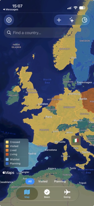 Interactive world map with visited countries highlighted
