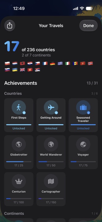 Achievements grid with earned badges