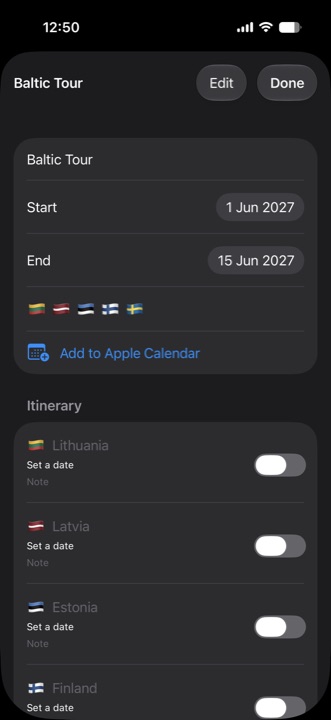 Trip details with itinerary and packing list