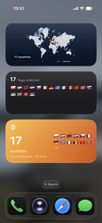 Home Screen widgets showing travel stats and tinted map